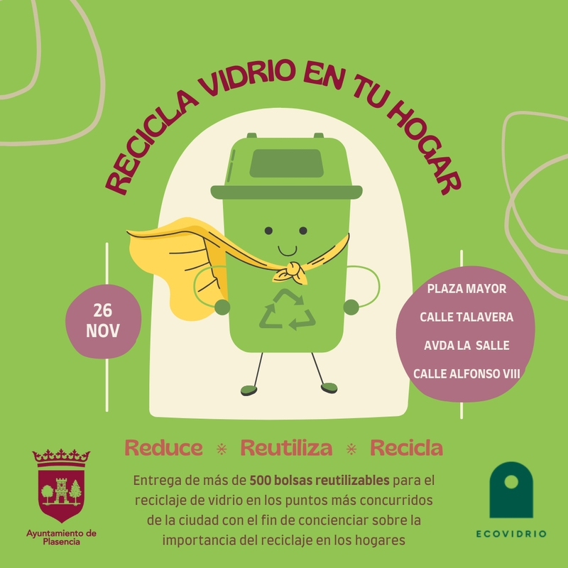 El Ayuntamiento de Plasencia y Ecovidrio lanzan una campaña de sensibilización ciudadana para fomentar el reciclaje de vidrio en los hogares