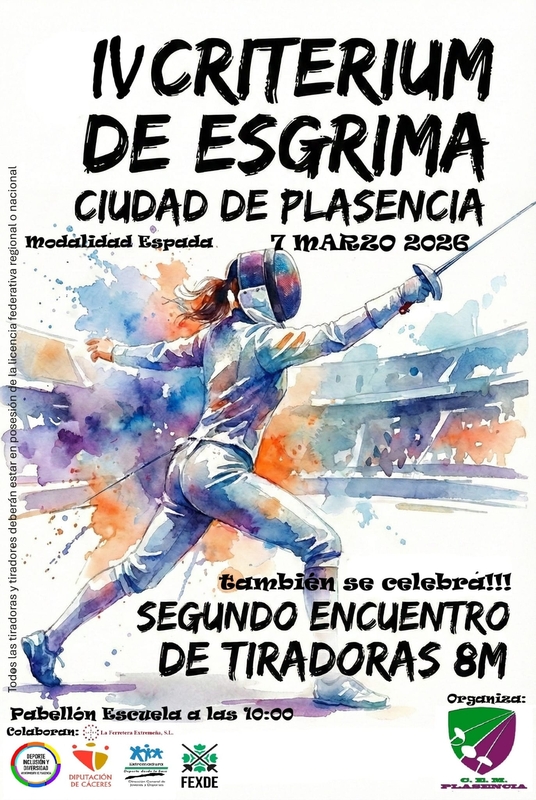 Plasencia acoge el IV Criterium de Esgrima el 7 de marzo en el Pabellón Escuela